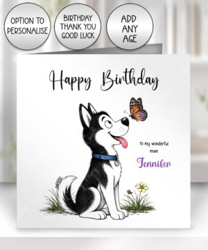 personalised husky dog & butterfly greeting card – birthday, all occasions