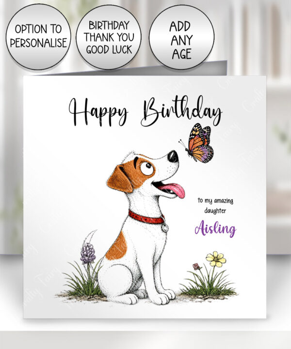 personalised jack russell dog & butterfly greeting card – birthday, all occasions