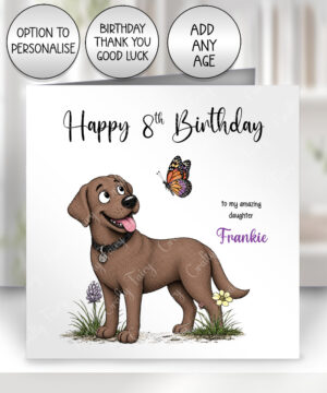 personalised labrador dog & butterfly greeting card – birthday, all occasions 4 colour options