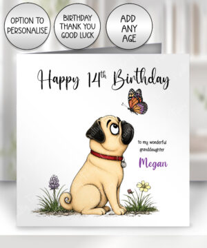 personalised pug dog & butterfly greeting card – birthday, all occasions 2 colour options