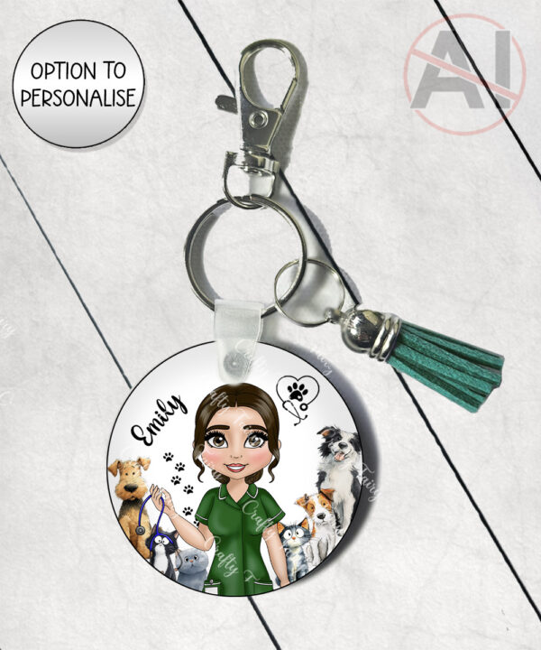personalised female veterinary nurse or veterinarian keyring / bag tag