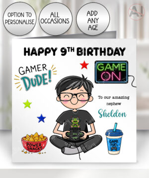 personalised cartoon gamer boy card birthday, all occasions