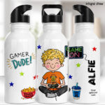 personalised cartoon gamer boy 600ml water bottle
