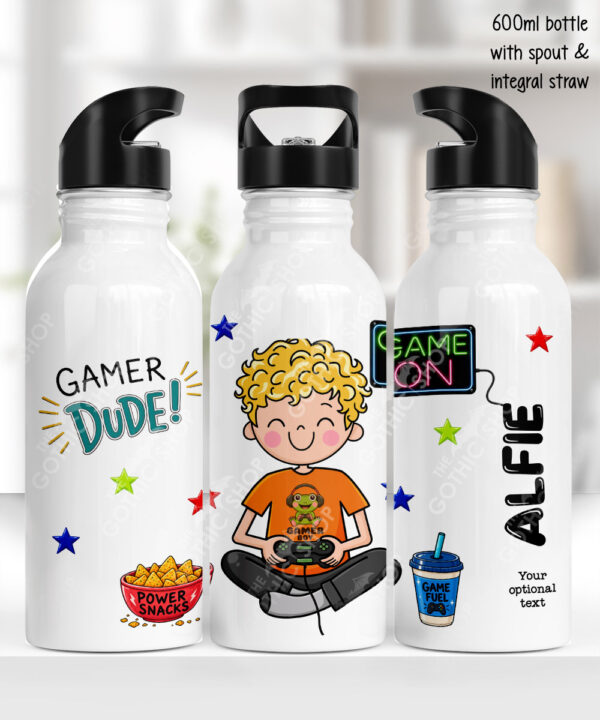 personalised cartoon gamer boy 600ml water bottle