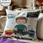 personalised cartoon gamer boy velvet cushion
