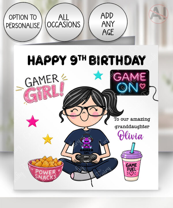 personalised cartoon gamer girl card birthday, all occasions