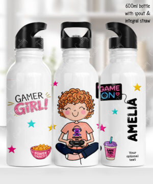 personalised cartoon gamer girl 600ml water bottle