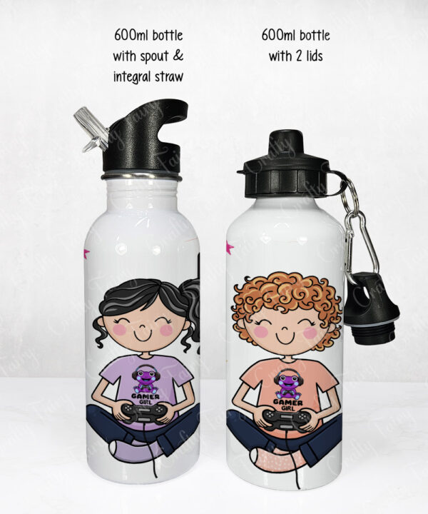 personalised cartoon gamer girl 600ml water bottle