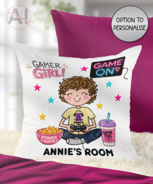 personalised cartoon gamer girl velvet cushion