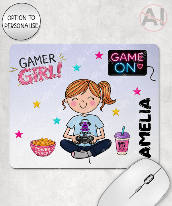 personalised cartoon gamer girl mouse mat gift