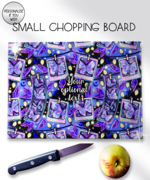 personalised purple butterfly snapshots glass chopping board