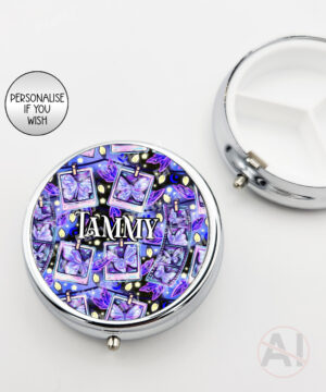 personalised purple butterfly snapshots silver round pill box