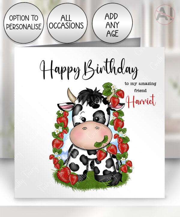 personalised highland cow and strawberries greetings card birthday / all occasions