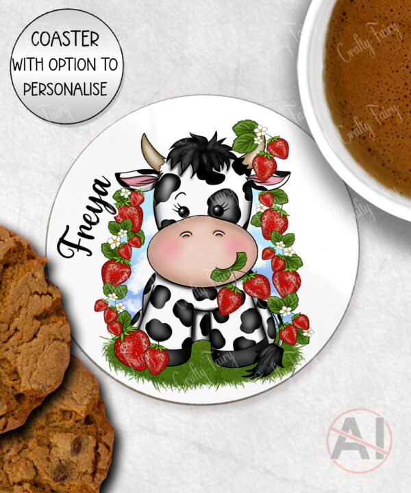 personalised friesian cow and strawberries mug and/or coaster
