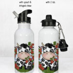 personalised friesian cow and strawberries 600ml water bottle