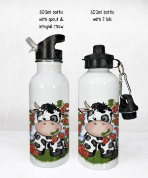 personalised friesian cow and strawberries 600ml water bottle