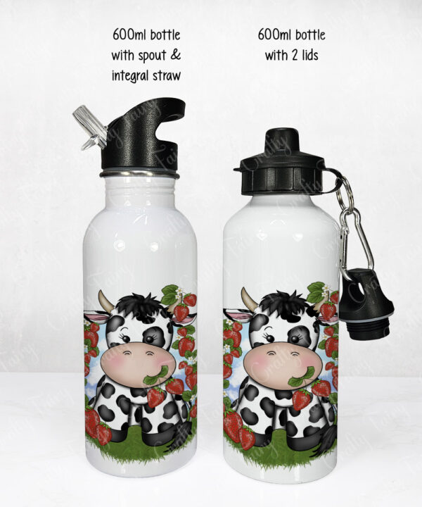 personalised friesian cow and strawberries 600ml water bottle