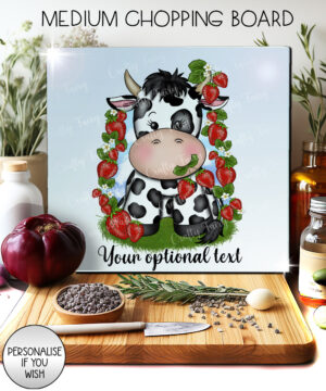 personalised friesian cow and strawberries glass chopping board