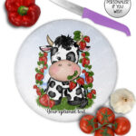 personalised friesian cow and strawberries glass chopping board