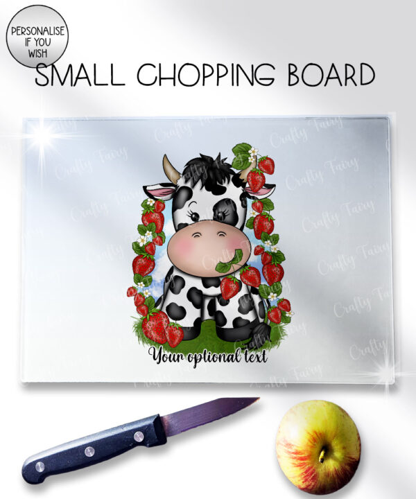 personalised friesian cow and strawberries glass chopping board