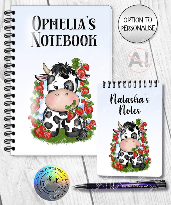 personalised friesian cow and strawberries notebook