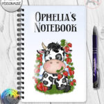 personalised friesian cow and strawberries notebook