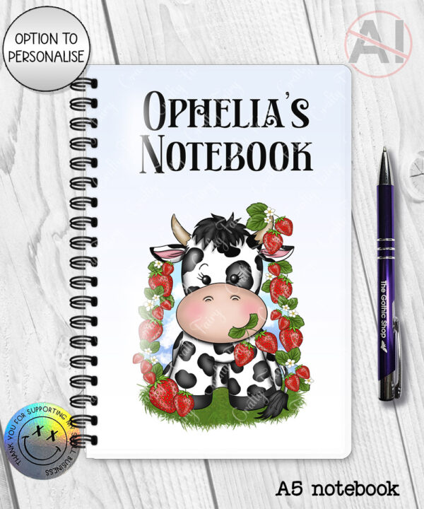 personalised friesian cow and strawberries notebook