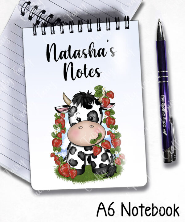 personalised friesian cow and strawberries notebook