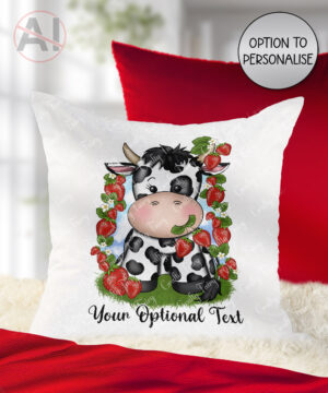 personalised friesian cow and strawberries velvet cushion