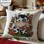personalised friesian cow and strawberries velvet cushion