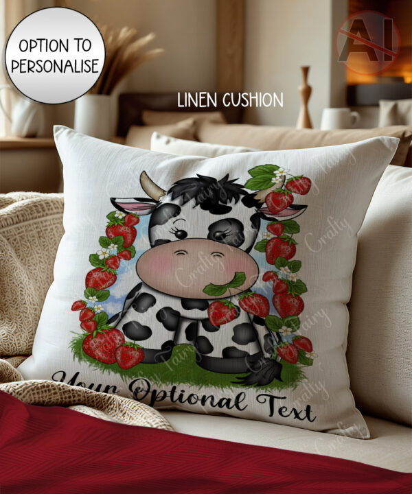 personalised friesian cow and strawberries velvet cushion
