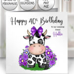 personalised friesian cow and purple flowers greetings card birthday / all occasions