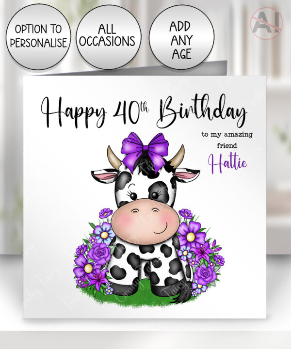 personalised friesian cow and purple flowers greetings card birthday / all occasions