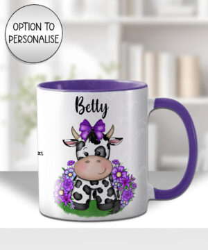 personalised friesian cow and purple flowers mug and/or coaster