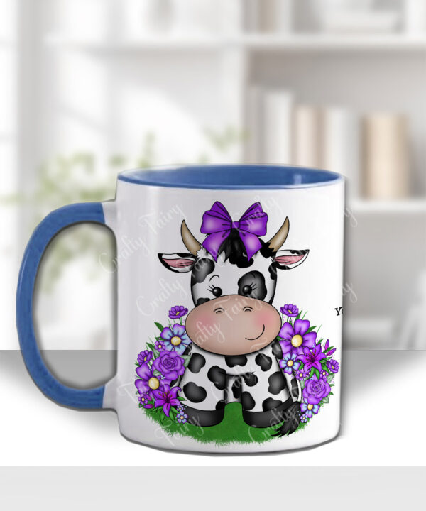 personalised friesian cow and purple flowers mug and/or coaster