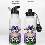 personalised friesian cow and purple flowers 600ml water bottle