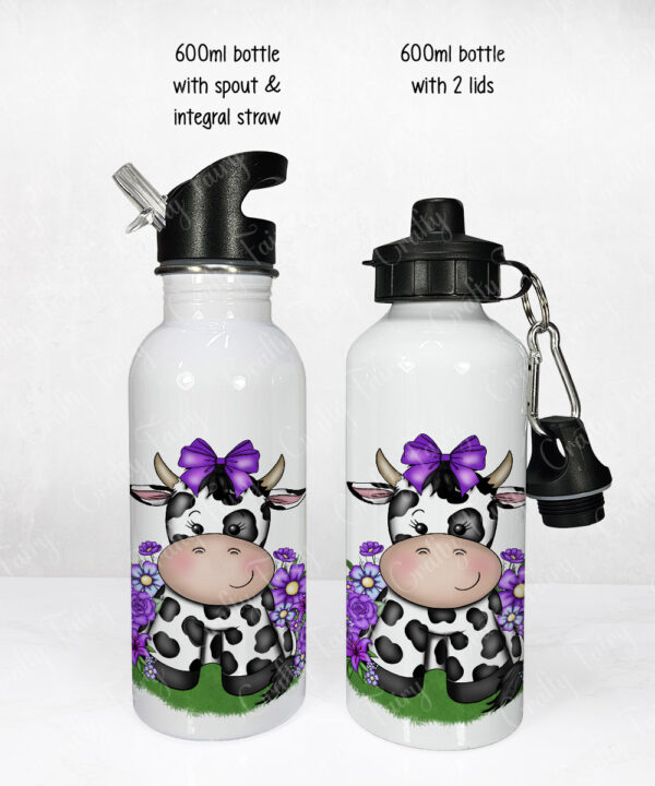 personalised friesian cow and purple flowers 600ml water bottle