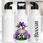 personalised friesian cow and purple flowers 600ml water bottle