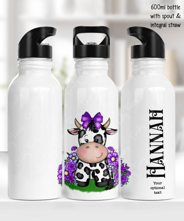 personalised friesian cow and purple flowers 600ml water bottle