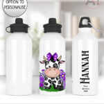 personalised friesian cow and purple flowers 600ml water bottle
