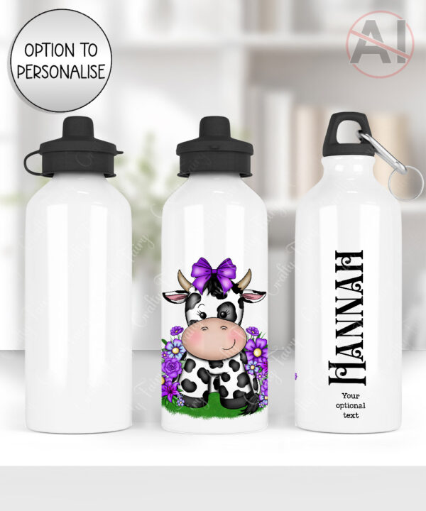 personalised friesian cow and purple flowers 600ml water bottle