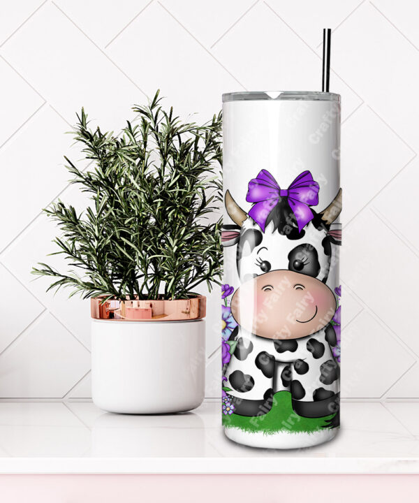 personalised friesian cow and purple flowers straight tumbler