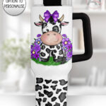 personalised friesian cow and purple flowers large 40oz tumbler with handle