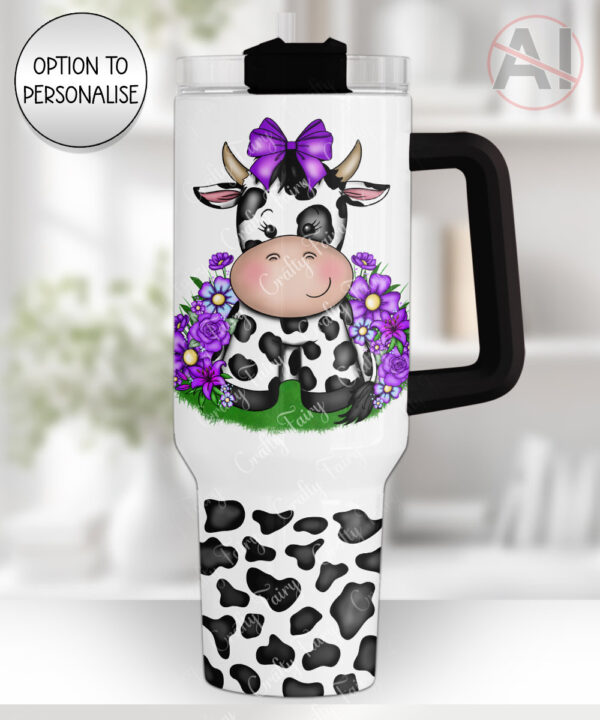 personalised friesian cow and purple flowers large 40oz tumbler with handle