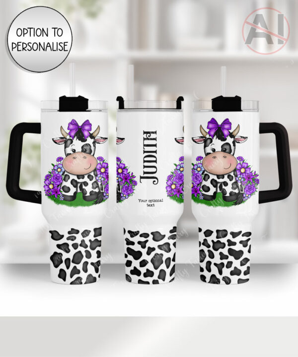 personalised friesian cow and purple flowers large 40oz tumbler with handle