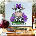 personalised friesian cow and purple flowers glass chopping board