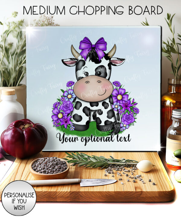 personalised friesian cow and purple flowers glass chopping board