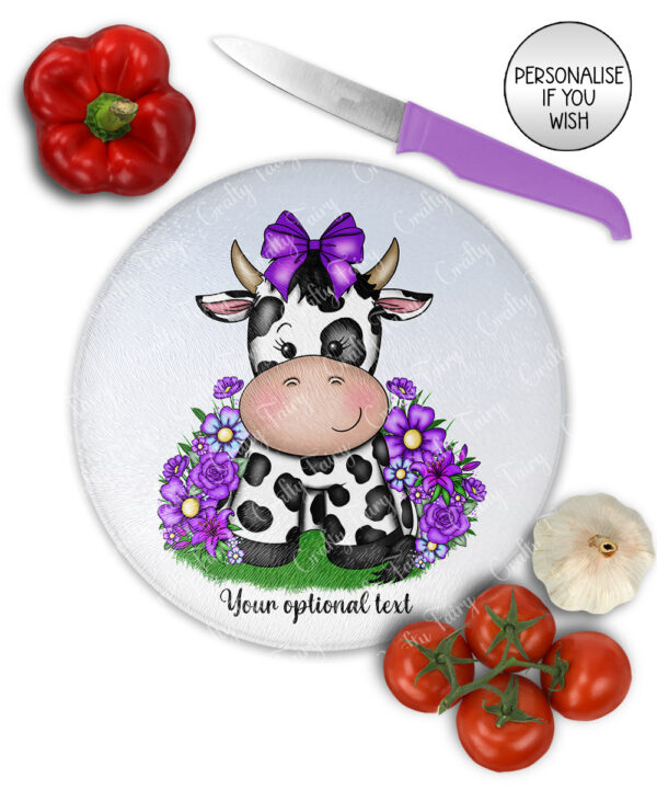 personalised friesian cow and purple flowers glass chopping board
