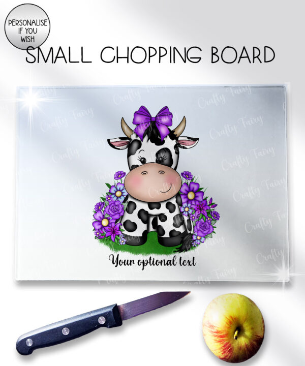 personalised friesian cow and purple flowers glass chopping board