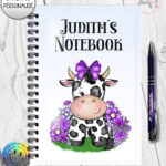 personalised friesian cow and purple flowers notebook